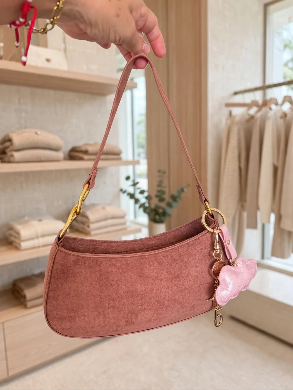 Suede Shoulder Bag in Dusty Rose with Charm